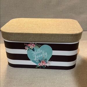 Striped Decorative Storage Box with Floral Heart Design and Burlap Lid. EUC